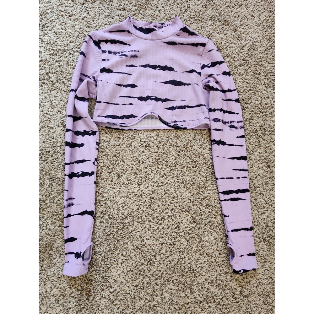 H&M Divided Purple Black Tiger Stripe Ribbed Crop Top Mock Neck Thumbhole Medium